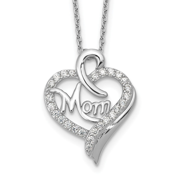 Sterling Silver Rhodium-plated Brilliant-cut CZ MOM Heart 18 Inch Necklace with 2 Inch Extender — AJ's Jewelry Ridgewood Quee