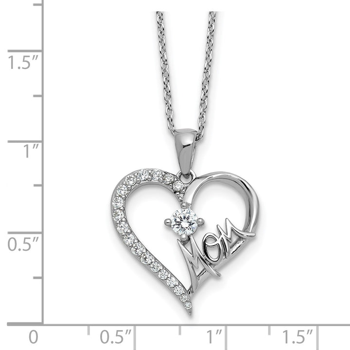 Sterling Silver Rhodium-plated Polished CZ Mom Heart with 2 Inch Extension Necklace — View 5 — AJ's Jewelry Queens NY