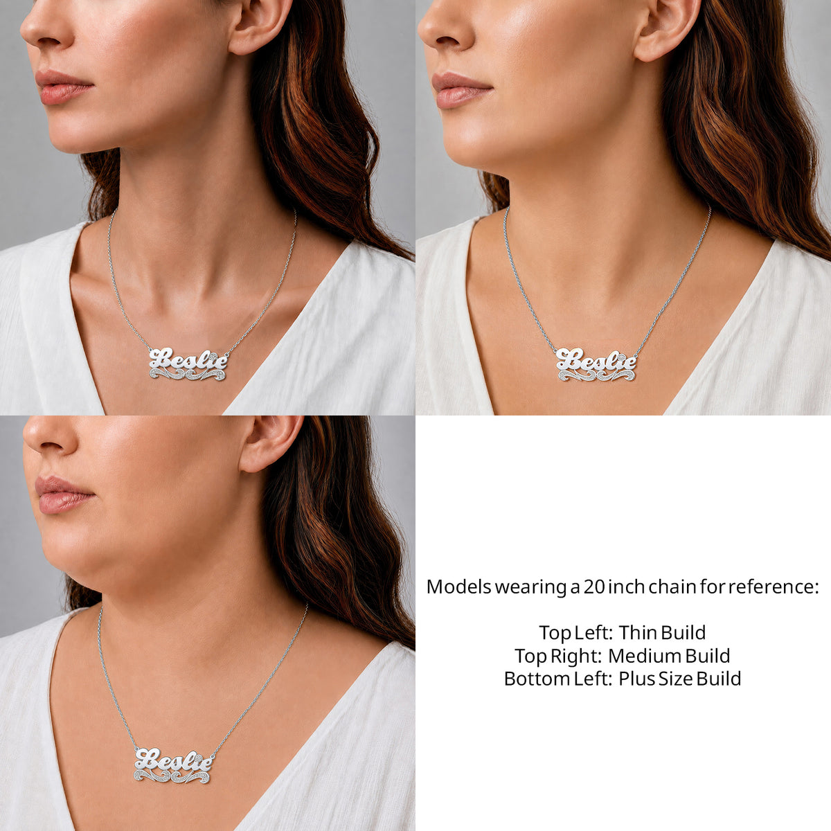 Sterling Silver Script Name Necklace with Tail on a 20-inch chain shown on thin, medium and plus-size models for size reference – AJ's Jewelry