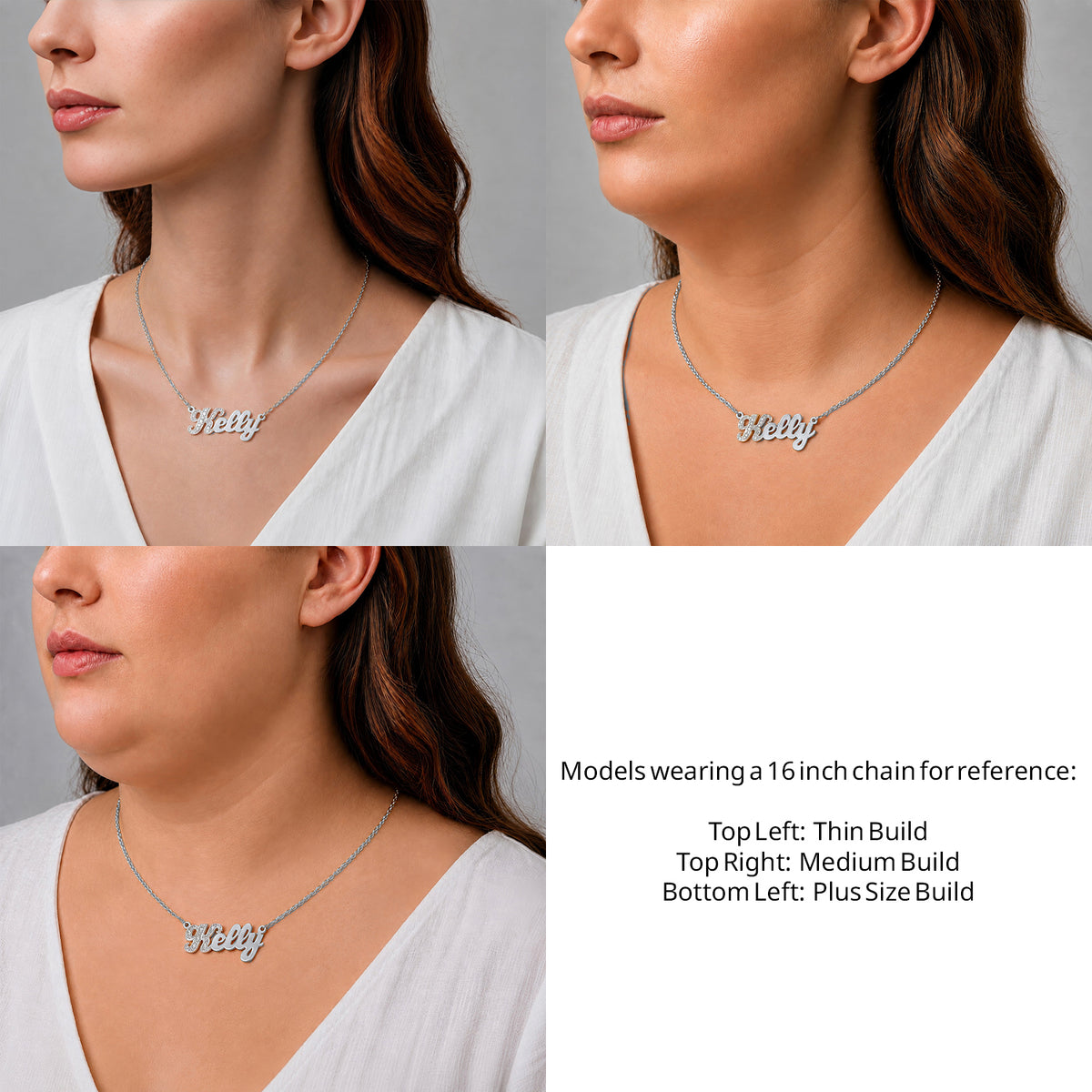 Sterling Silver Small Name Necklace on a 16-inch chain shown on thin, medium and plus-size models for size reference – AJ's Jewelry