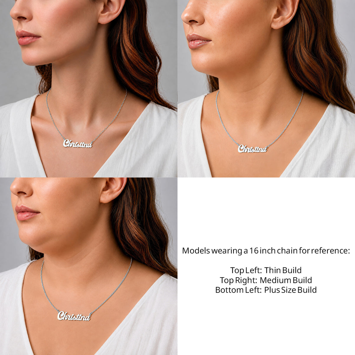 Sterling Silver Solid Letter Name Necklace on a 16-inch chain shown on thin, medium and plus-size models for size reference – AJ's Jewelry