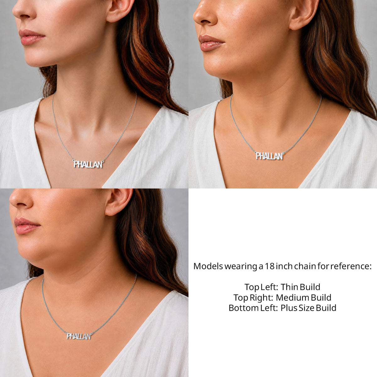 Sterling Silver Thin Letter Name Necklace on an 18-inch chain shown on thin, medium and plus-size models for size reference – AJ's Jewelry