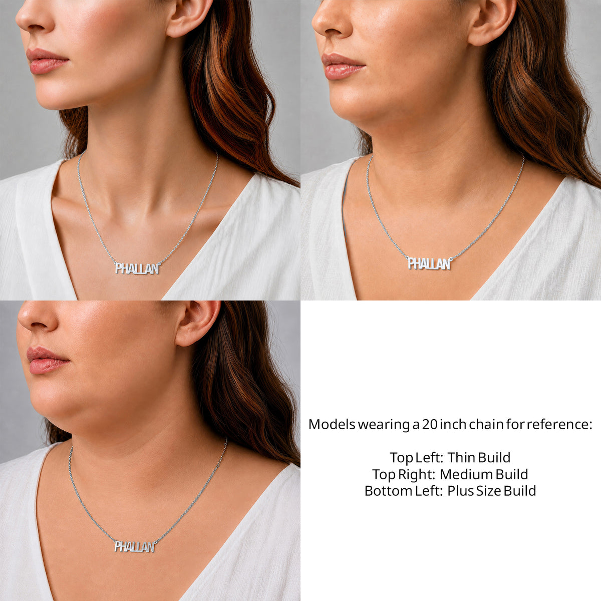 Sterling Silver Thin Letter Name Necklace on a 20-inch chain shown on thin, medium and plus-size models for size reference – AJ's Jewelry