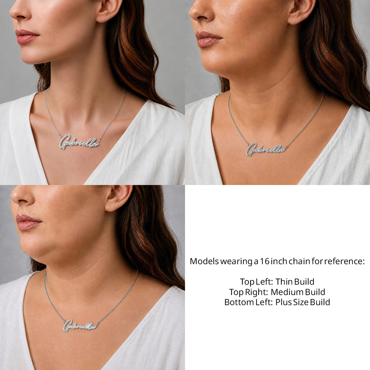 Sterling Silver Thin Script Name Necklace on a 16-inch chain shown on thin, medium and plus-size models for size reference – AJ's Jewelry