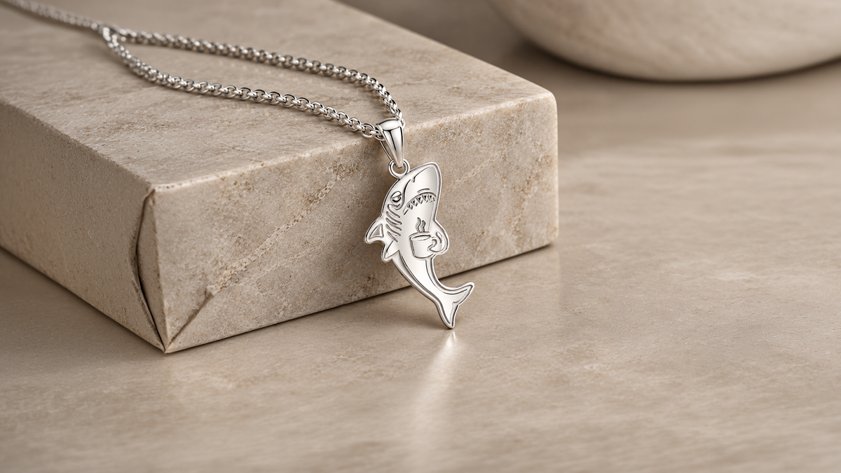 Sterling silver tired shark pendant on a chain, laser engraved and cut from the client's own artwork at AJ's Jewelry in Queens NY