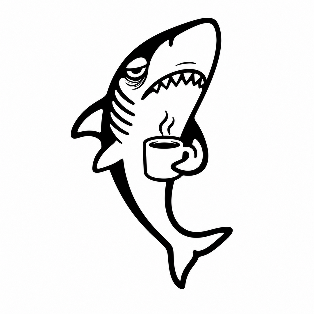 The client's original tired shark artwork: a sleepy shark holding a steaming cup of coffee