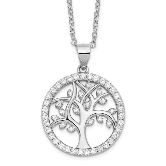 Sterling silver Tree of Life pendant with cubic zirconia accents on an 18-inch silver cable chain