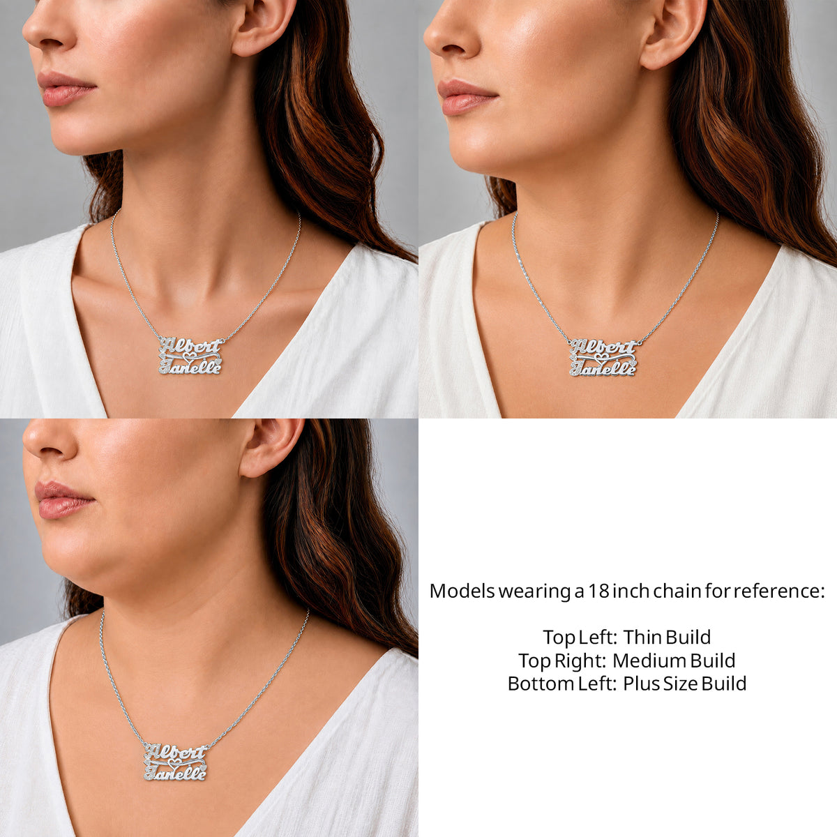 Sterling Silver Two Name 3D Name Necklace on an 18-inch chain shown on thin, medium and plus-size models for size reference – AJ's Jewelry