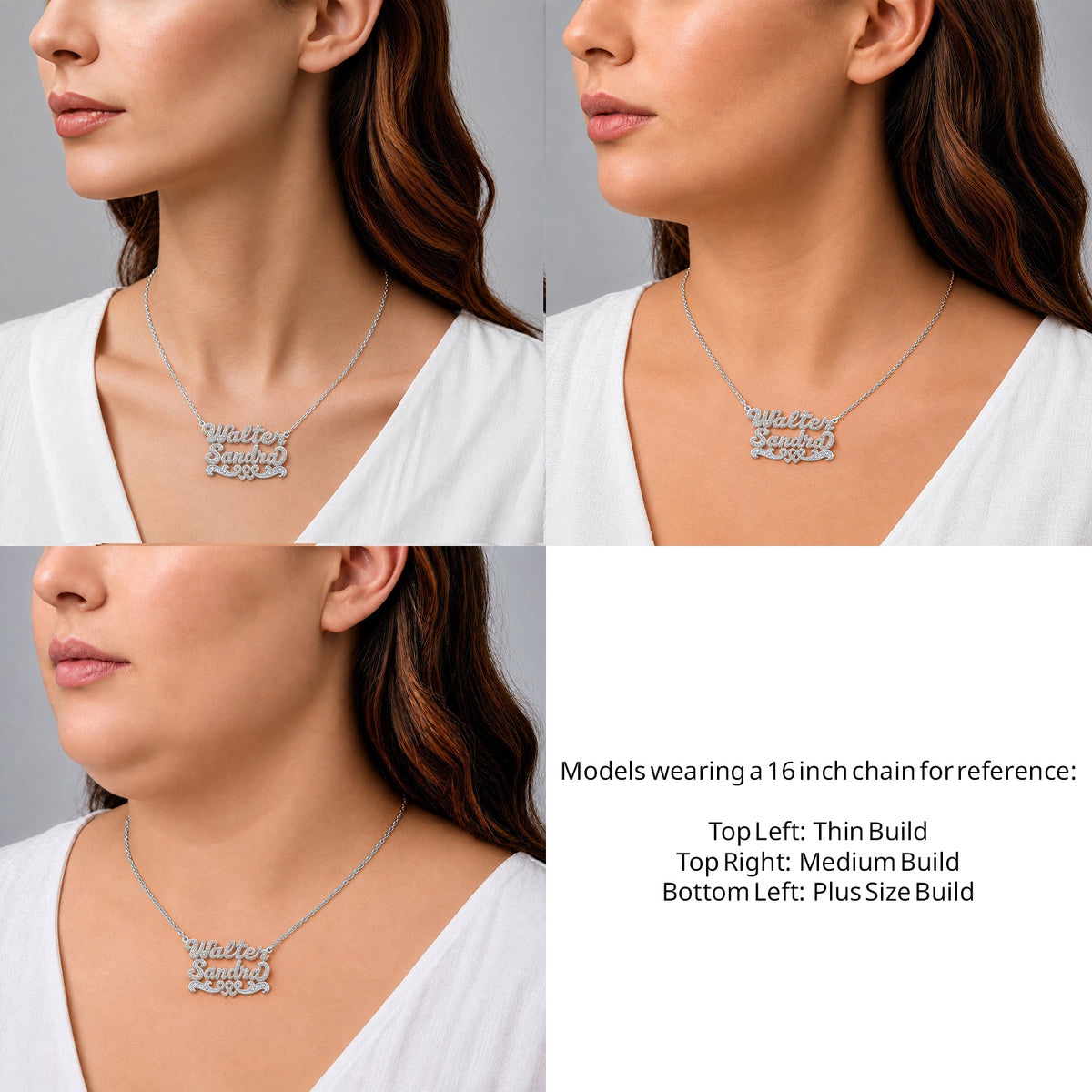 Sterling Silver Two Name 3D Name Necklace with Intertwined Hearts on a 16-inch chain shown on thin, medium and plus-size models for size reference – AJ's Jewelry