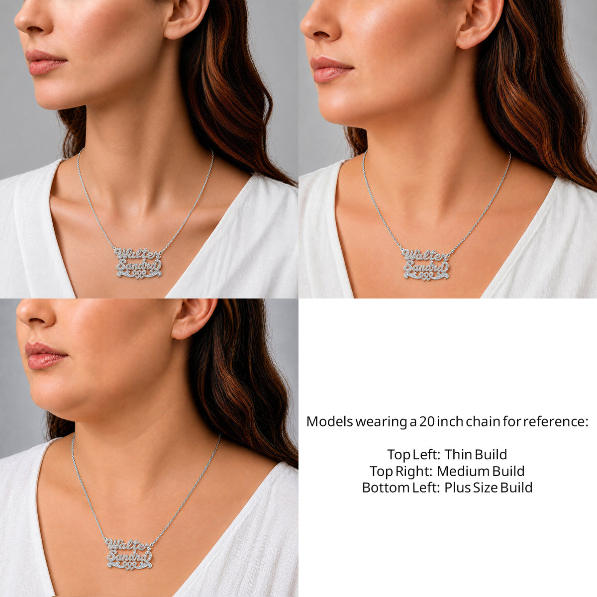 Sterling Silver Two Name 3D Name Necklace with Intertwined Hearts on a 20-inch chain shown on thin, medium and plus-size models for size reference – AJ's Jewelry