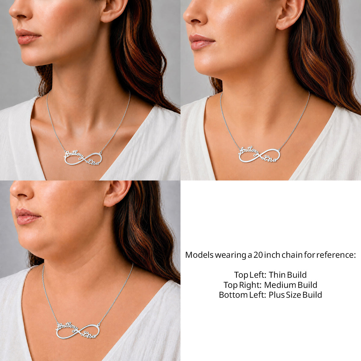 Sterling Silver Two Name Infinity Name Necklace on a 20-inch chain shown on thin, medium and plus-size models for size reference – AJ's Jewelry