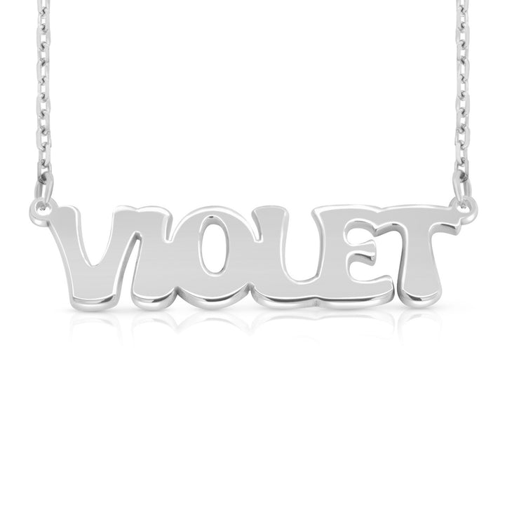 A silver nameplate necklace spelling 'VIOLET' in polished retro-style letters, suspended from a delicate silver chain on a white background.  This photo can change appearance depending on the name input using the custom name builder