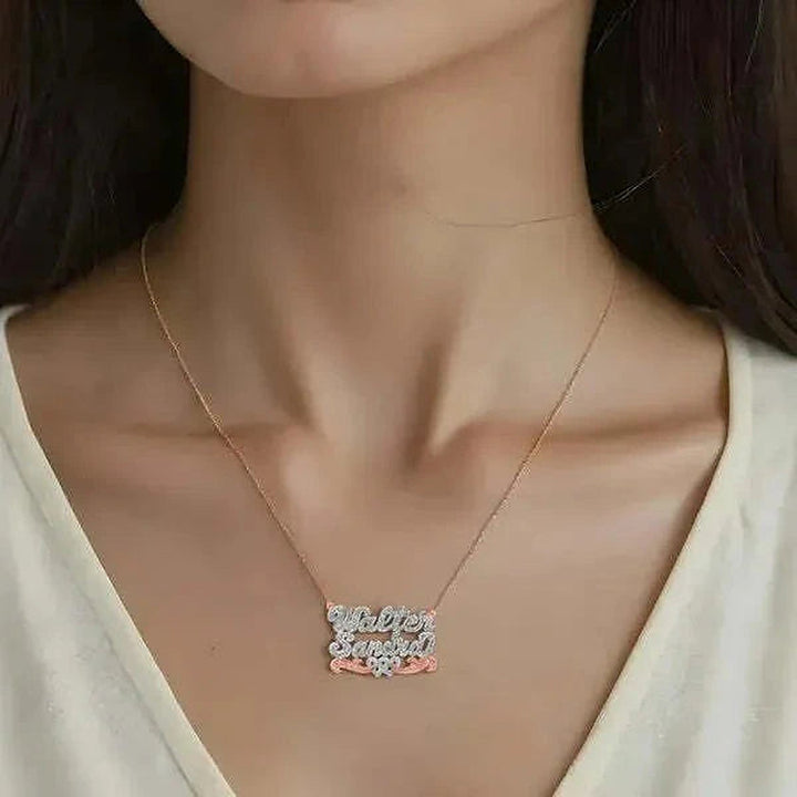 Model wearing the 14 Karat Two Name 3D Name Necklace with Intertwined Hearts in 14K rose gold, name Walter | AJ's Jewelry