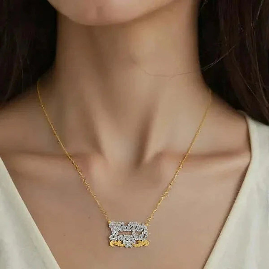 Model wearing the 14 Karat Two Name 3D Name Necklace with Intertwined Hearts in 14K yellow gold, name Walter | AJ's Jewelry