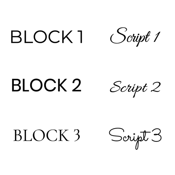 Engraving font options at AJ's Jewelry - Block 1, Block 2, Block 3, Script 1, Script 2 and Script 3