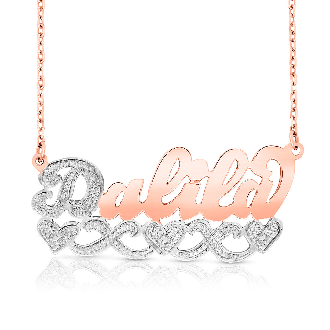 A Sample of the 14 Karat Name Necklace with Three Hearts with the name Dalila in Rose