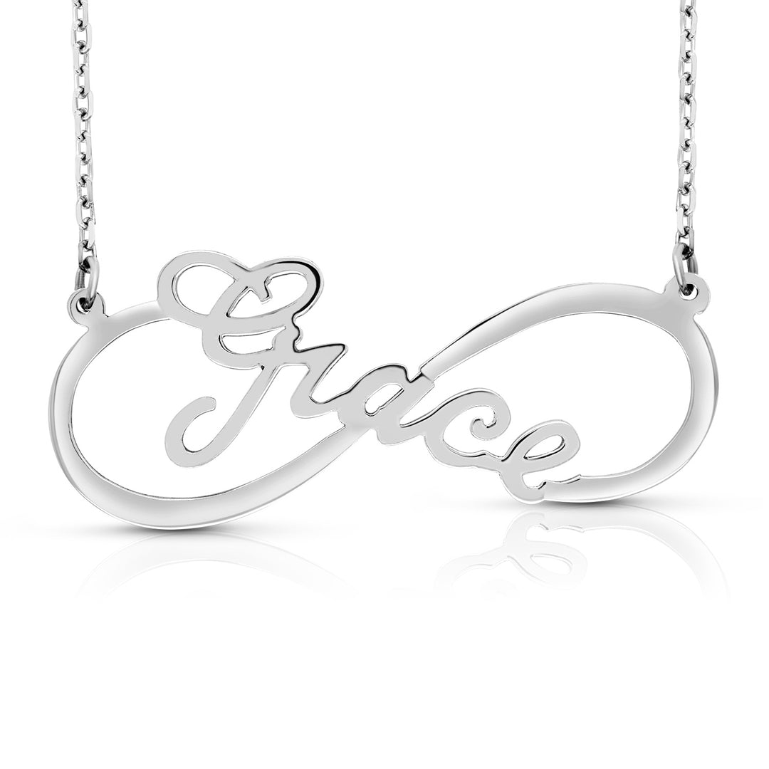 A Sample of the Infinity Style Name Necklace with the name Grace in White