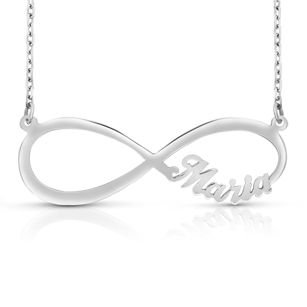 A Sample of the 14 Karat Infinity Name Necklace with the name Maria in White