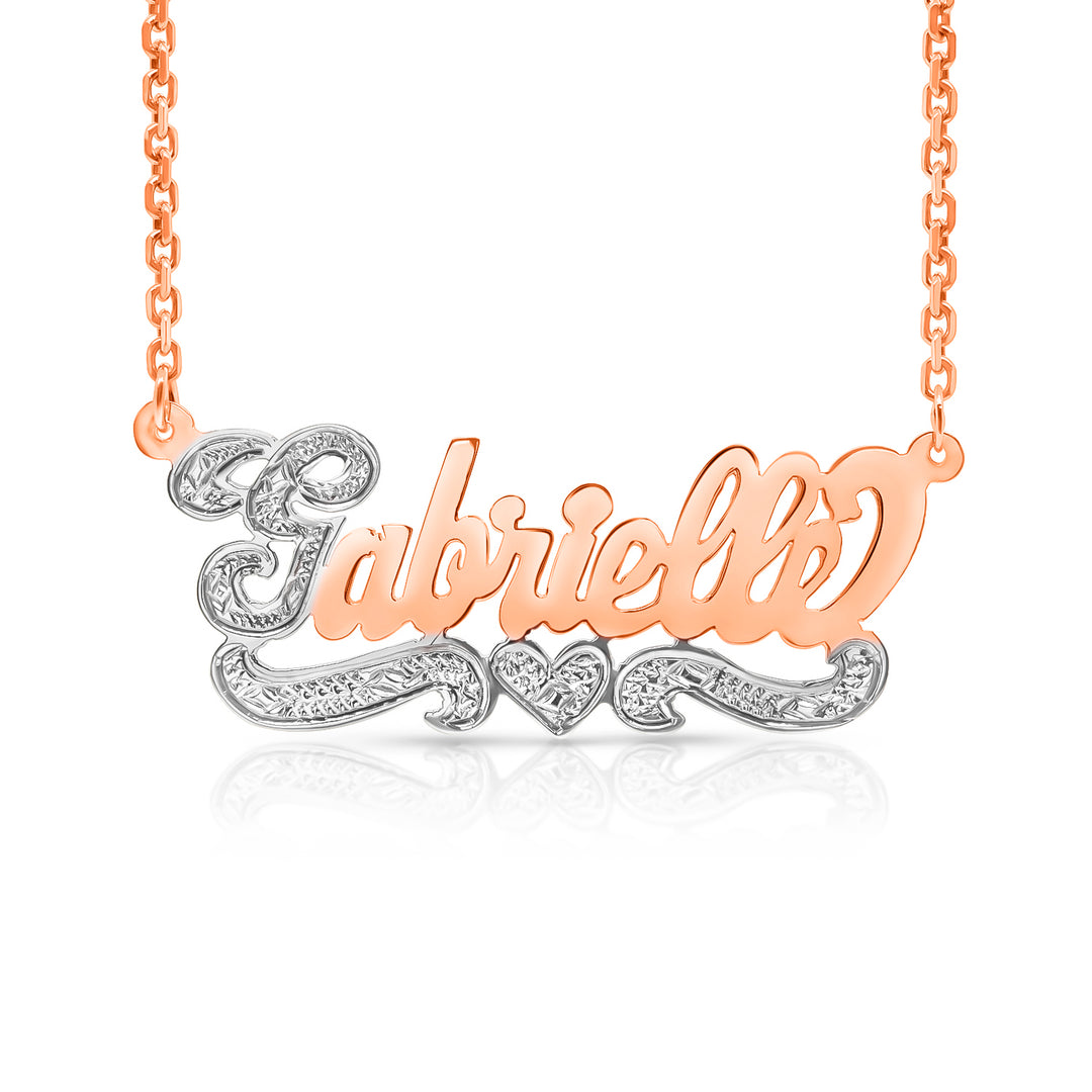 A Sample of the 14 Karat Bold Script Name Necklace with One Heart with the name Gabrielle in Rose