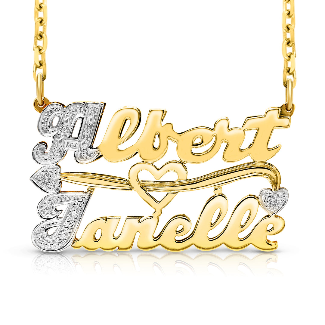 A Sample of the 14 Karat Two Name 3D Name Necklace with the names Albert and Janelle in Yellow