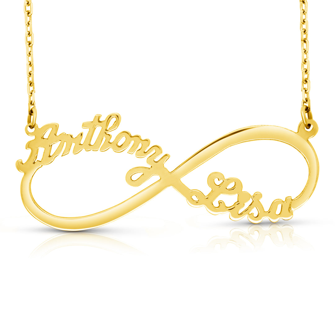 A Sample of the Two Name Infinity Name Necklace with the names Anthony and Lisa in Yellow