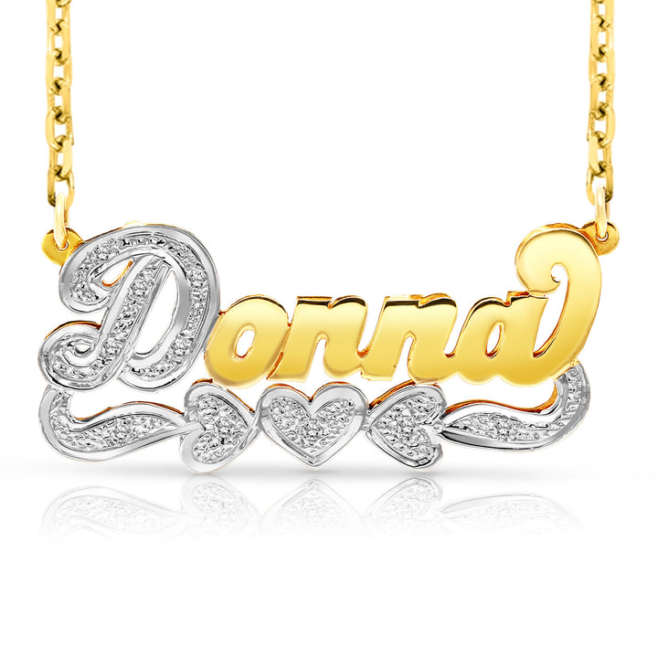 A Sample of the 14 Karat 3D Name Necklace with Three Hearts with the name Donna in Yellow