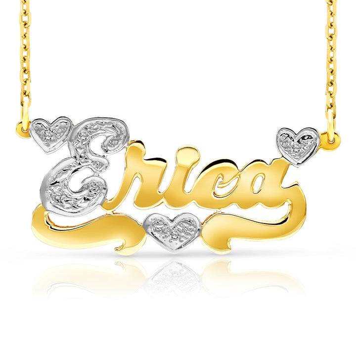 A Sample of the 14 Karat Polished and Diamond Cut 3D Name Necklace with Three Hearts with the name Erica in Yellow