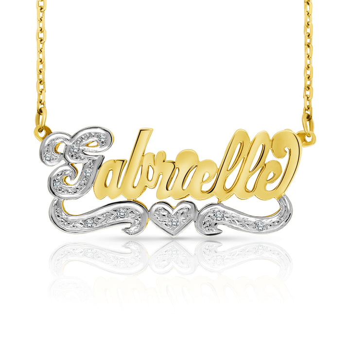 A Sample of the 14 Karat Script 3D Name Necklace with One Heart with the name Gabrielle in Yellow