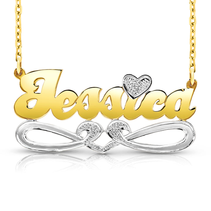 A Sample of the 14 Karat Bold Script Name Necklace with Tail with the name Jessica in Yellow