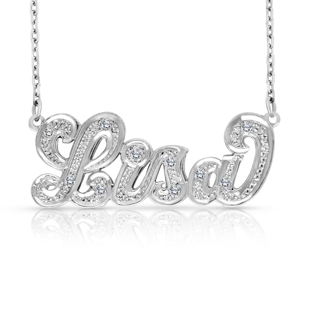 A Sample of the 14 Karat Diamond Cut 3D Name Necklace with the name Lisa in White