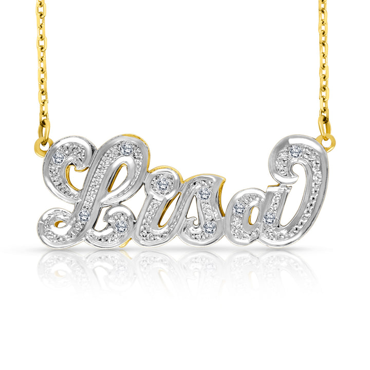 A Sample of the 14 Karat Diamond Cut 3D Name Necklace with the name Lisa in Yellow