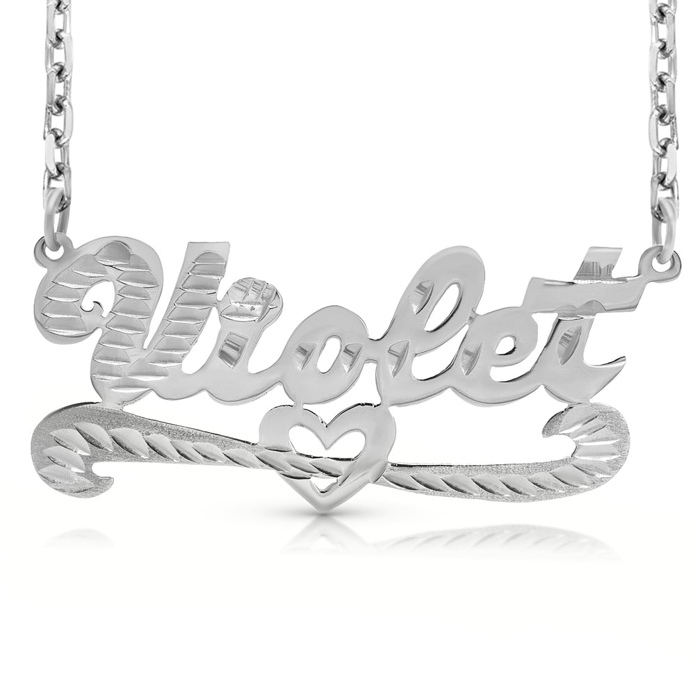 A Sample of the 14 Karat Diamond Cut Name Necklace with Strikethrough Heart with the name Violet in White